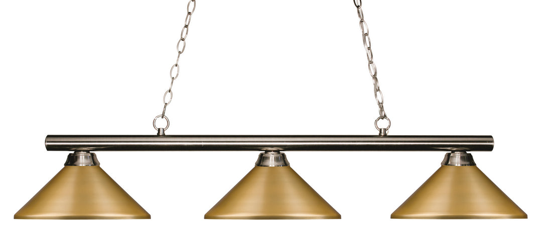 Sharp Shooter Three Light Billiard in Brushed Nickel - available from The Lighting Shoppe, trusted by Canadian homeowners
