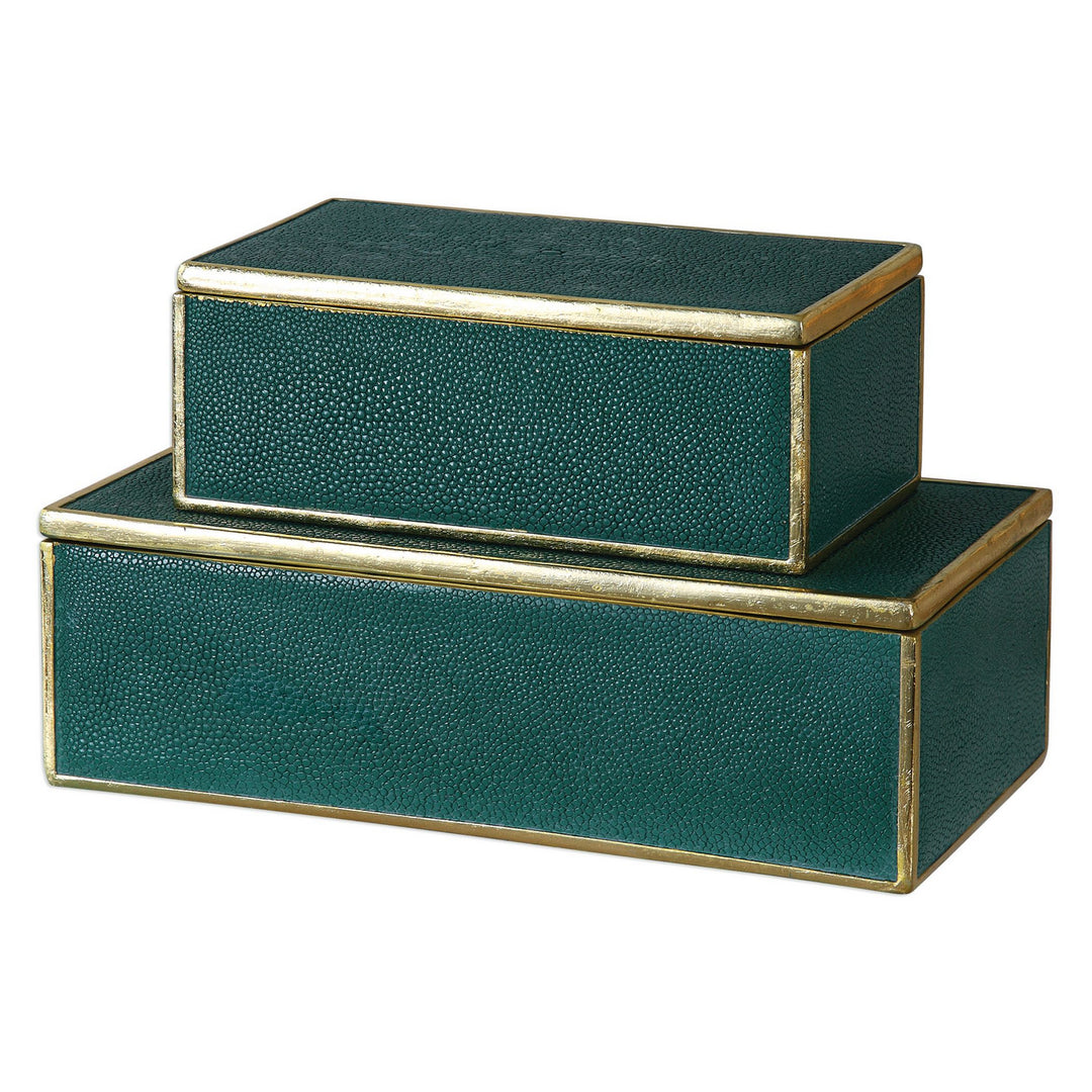 Karis Boxes S/2 in Green w/Bright Gold Leaf - available from The Lighting Shoppe, trusted by Canadian homeowners