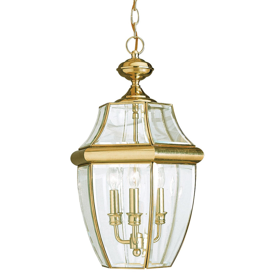 Lancaster Three Light Outdoor Pendant in Polished Brass - available from The Lighting Shoppe, trusted by Canadian homeowners