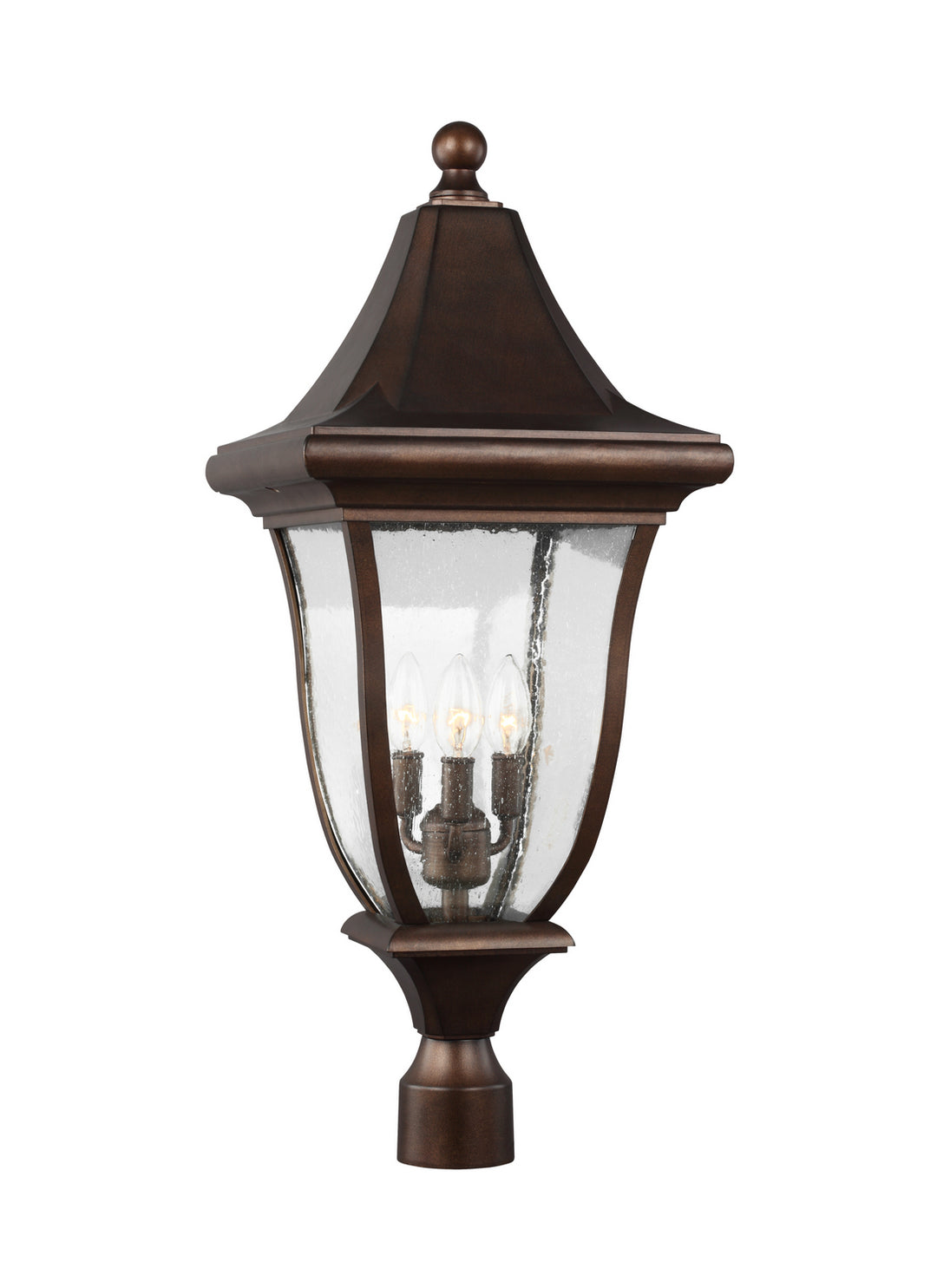 Oakmont Three Light Outdoor Post Lantern in Patina Bronze - available from The Lighting Shoppe, trusted by Canadian homeowners