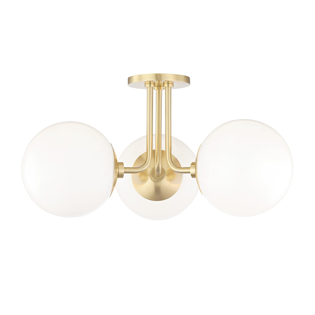 Stella Three Light Semi Flush Mount in Aged Brass - available from The Lighting Shoppe, trusted by Canadian homeowners