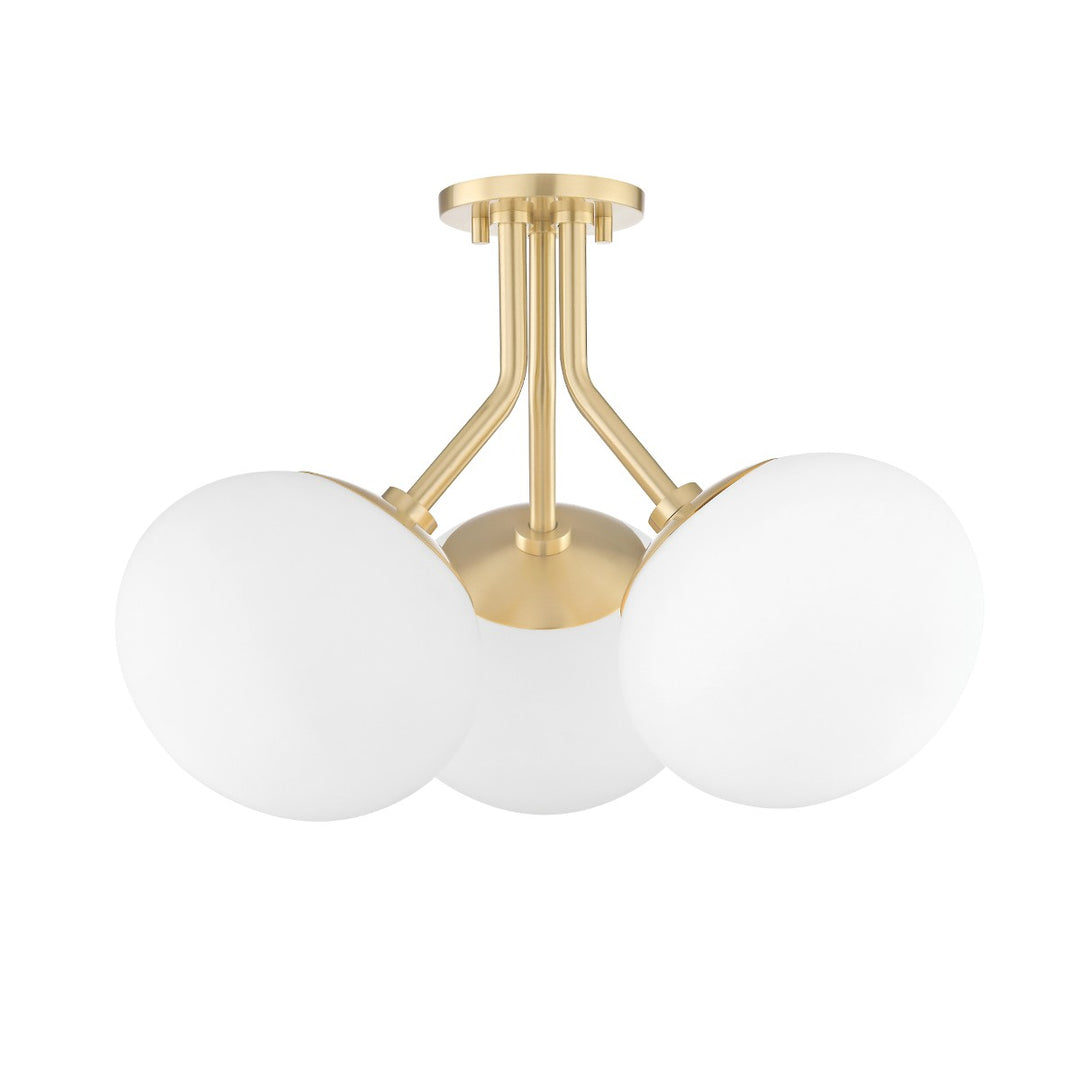 Estee Three Light Semi Flush Mount in Aged Brass - available from The Lighting Shoppe, trusted by Canadian homeowners