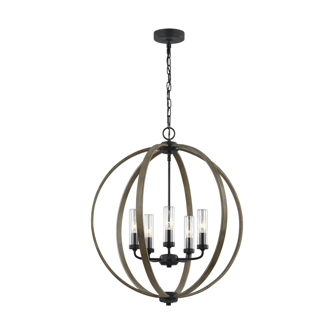 Allier Five Light Outdoor Chandelier in Weathered Oak Wood / Antique Forged Iron - available from The Lighting Shoppe, trusted by Canadian homeowners