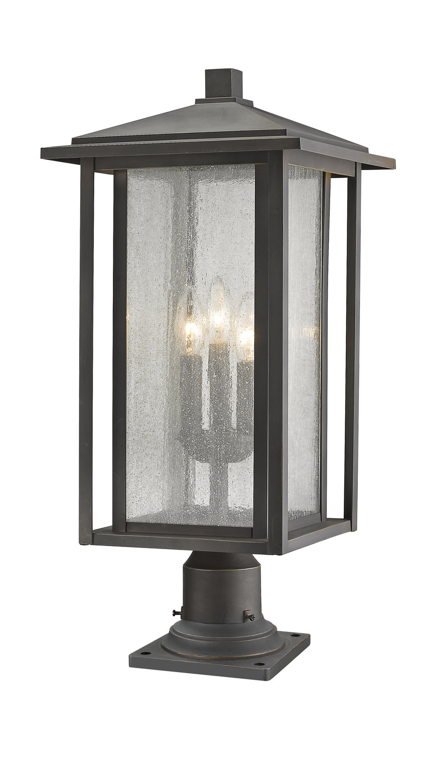 Aspen Three Light Outdoor Pier Mounted Fixture in Oil Rubbed Bronze - available from The Lighting Shoppe, trusted by Canadian homeowners