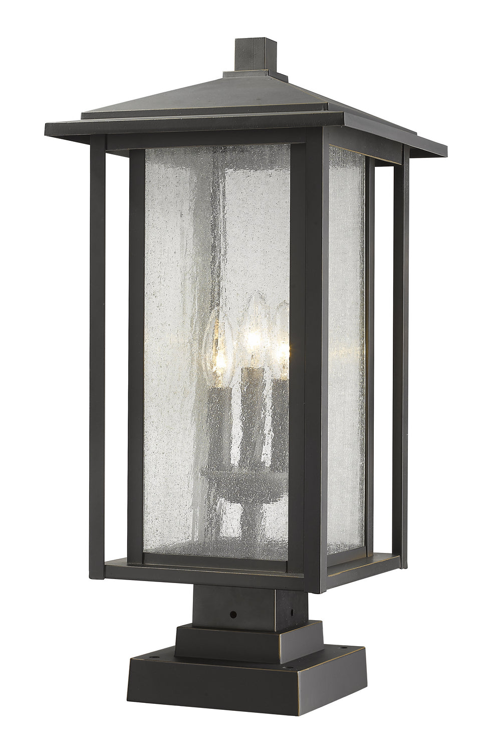 Aspen Three Light Outdoor Pier Mounted Fixture in Oil Rubbed Bronze - available from The Lighting Shoppe, trusted by Canadian homeowners
