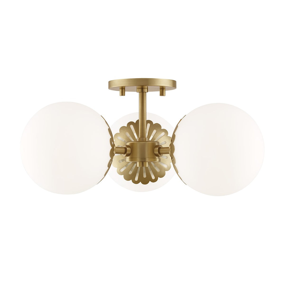 Paige Three Light Semi Flush Mount in Aged Brass - available from The Lighting Shoppe, trusted by Canadian homeowners