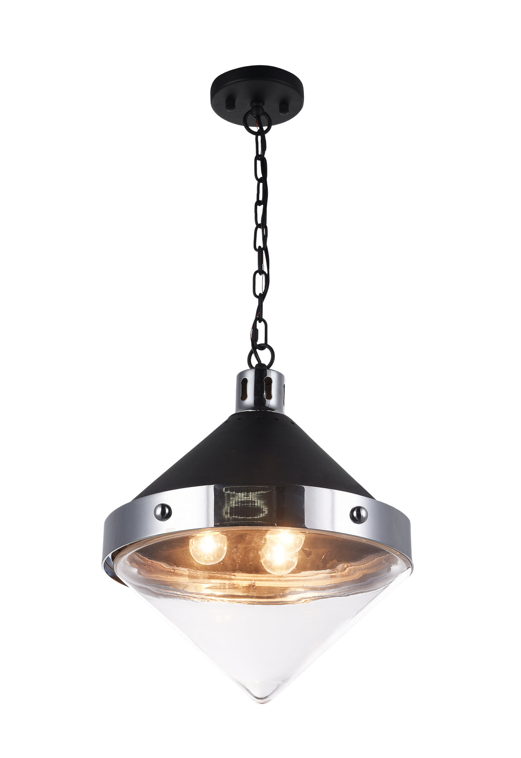 Sphericon Three Light Pendant in Matte Black & Chrome - available from The Lighting Shoppe, trusted by Canadian homeowners