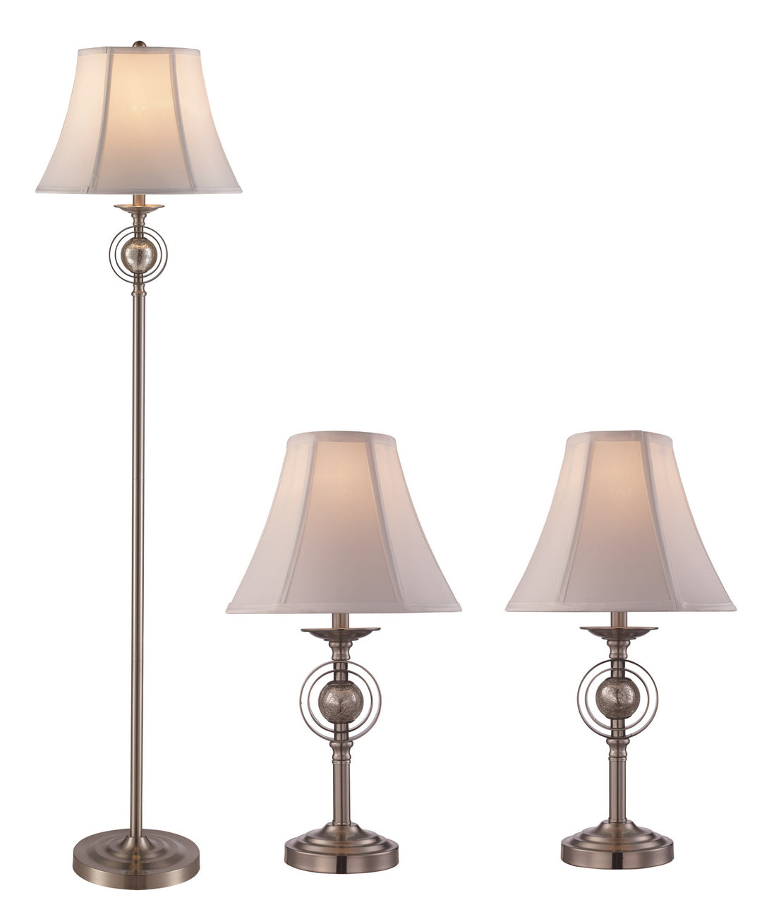 Floor Lamp and Two Table Lamps in Brushed Nickel - available from The Lighting Shoppe, trusted by Canadian homeowners