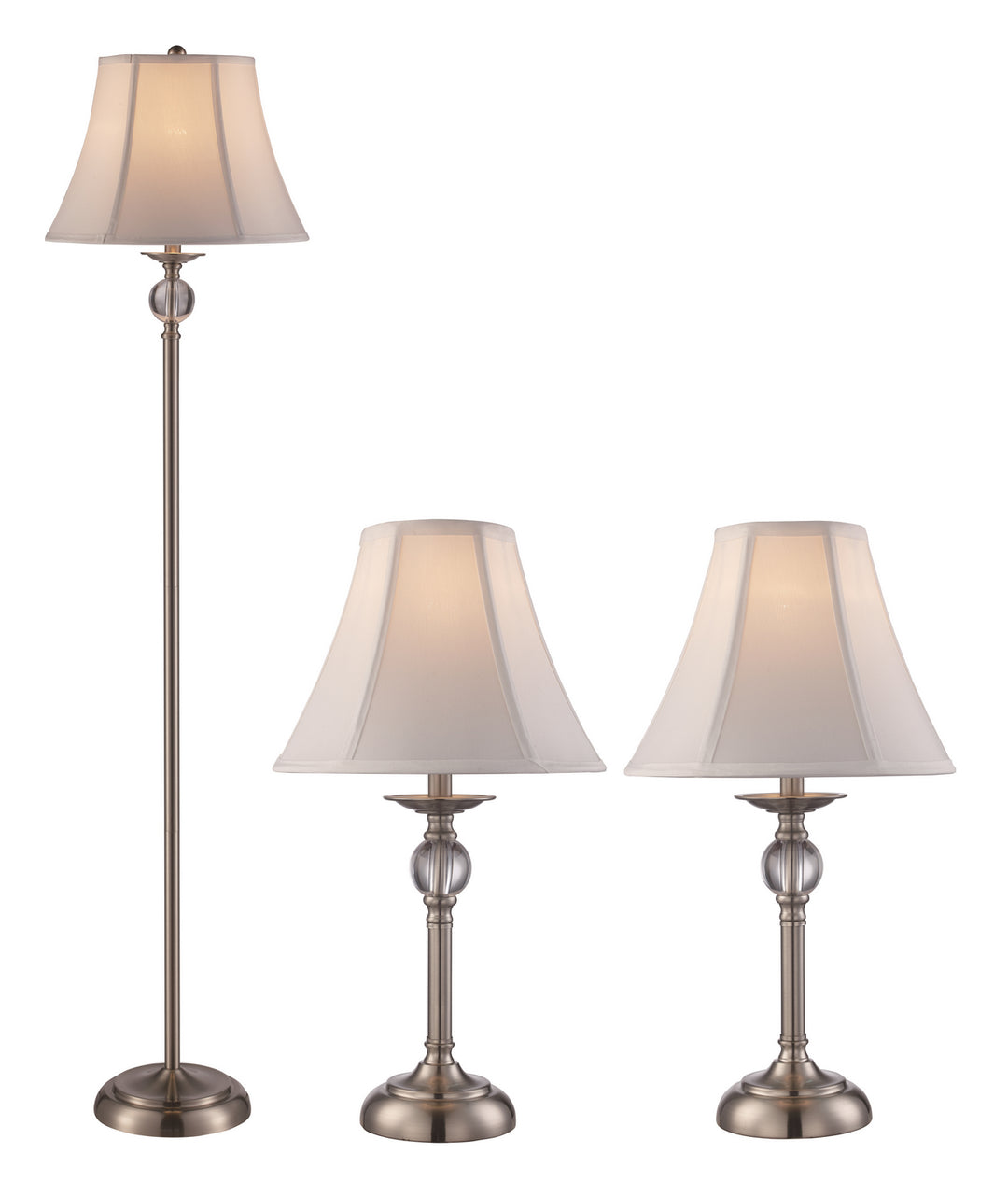 Floor Lamp and Two Table Lamps in Brushed Nickel - available from The Lighting Shoppe, trusted by Canadian homeowners