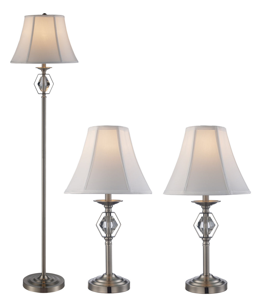 Floor Lamp and Two Table Lamps in Brushed Nickel - available from The Lighting Shoppe, trusted by Canadian homeowners