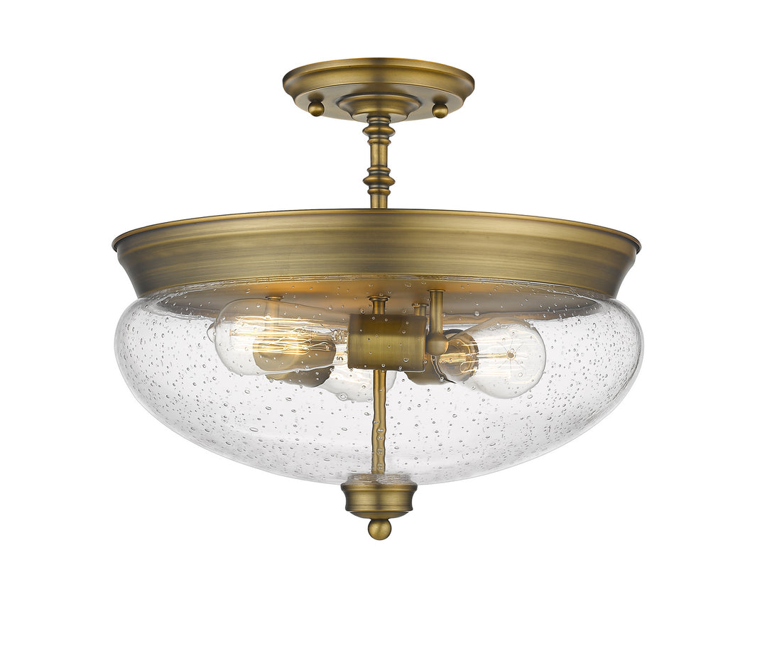 Amon Three Light Semi Flush Mount in Heritage Brass - available from The Lighting Shoppe, trusted by Canadian homeowners