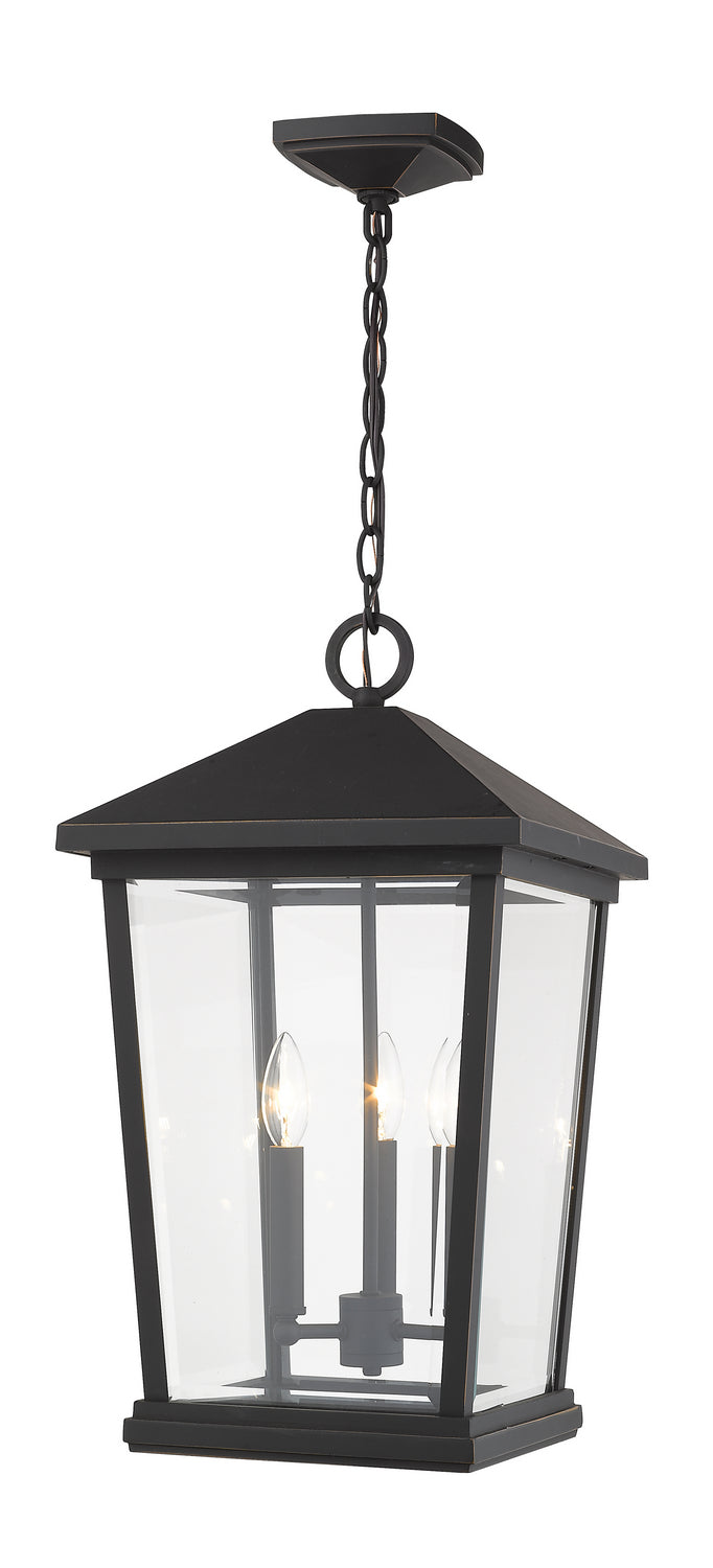 Beacon Three Light Outdoor Chain Mount Ceiling Fixture in Oil Rubbed Bronze - available from The Lighting Shoppe, trusted by Canadian homeowners