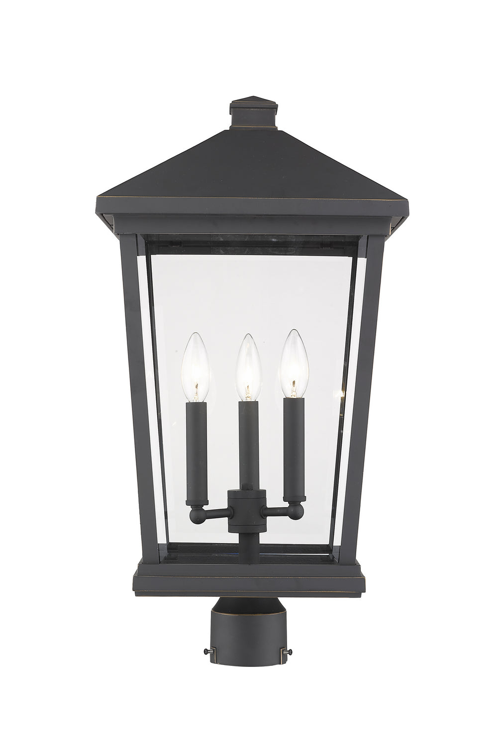 Beacon Three Light Outdoor Post Mount Fixture in Oil Rubbed Bronze - available from The Lighting Shoppe, trusted by Canadian homeowners