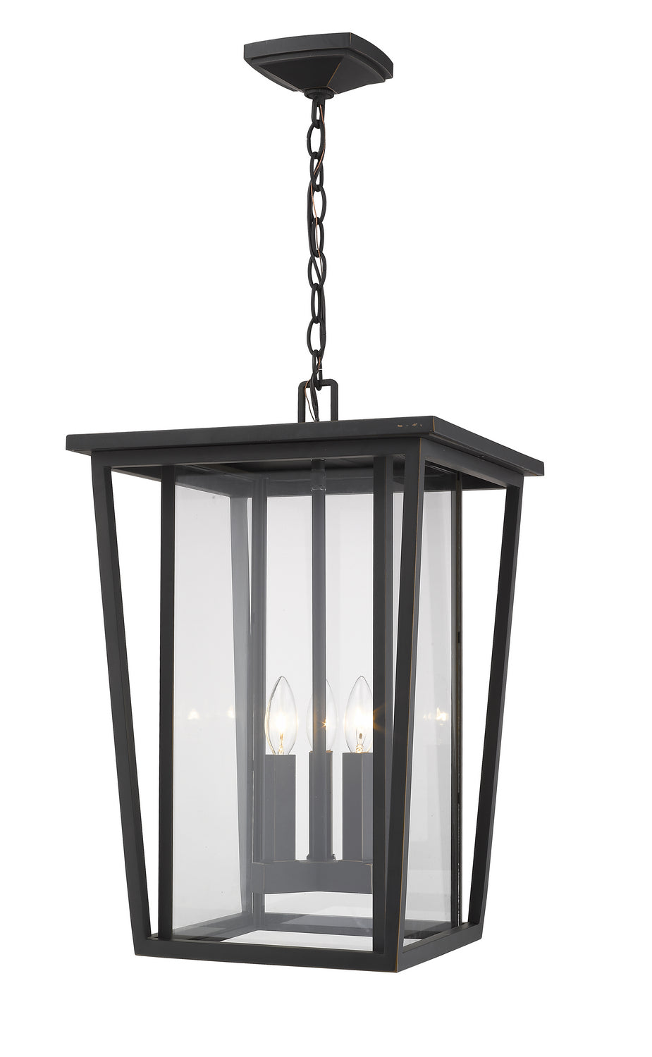 Seoul Three Light Outdoor Chain Mount Ceiling Fixture in Oil Rubbed Bronze - available from The Lighting Shoppe, trusted by Canadian homeowners