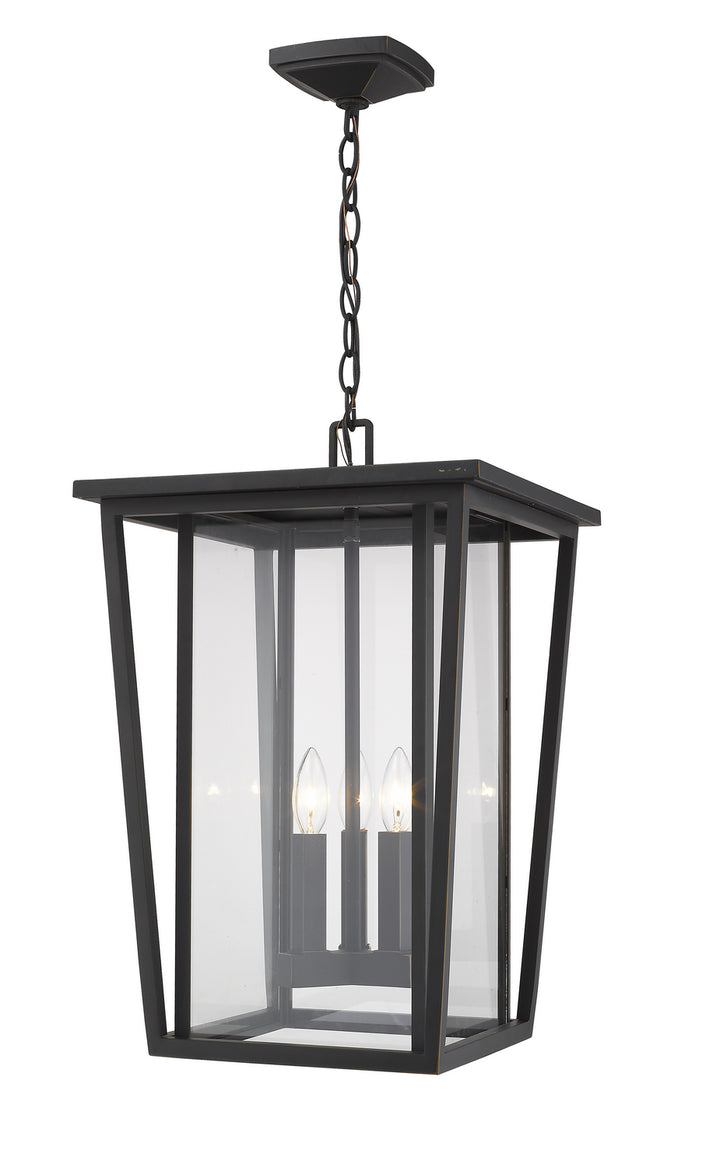 Seoul Three Light Outdoor Chain Mount Ceiling Fixture in Oil Rubbed Bronze - available from The Lighting Shoppe, trusted by Canadian homeowners
