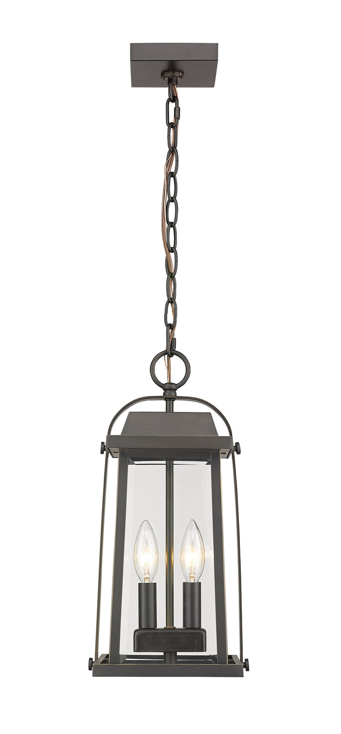 Millworks Two Light Outdoor Chain Mount Ceiling Fixture in Oil Rubbed Bronze - available from The Lighting Shoppe, trusted by Canadian homeowners