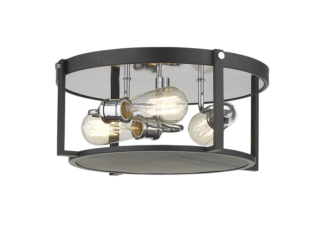 Halcyon Three Light Flush Mount in Matte Black + Chrome - available from The Lighting Shoppe, trusted by Canadian homeowners
