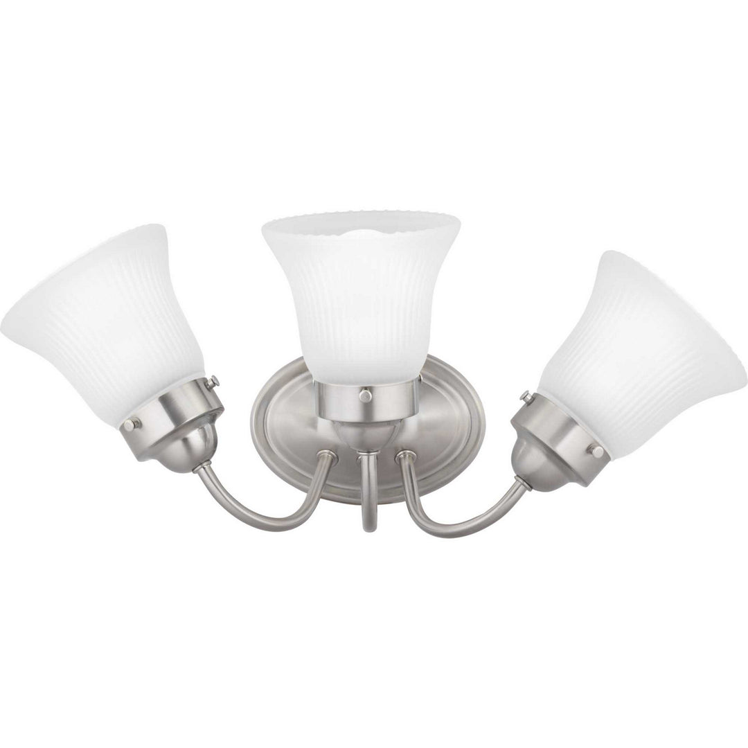 Fluted Glass-Etched Three Light Bath Bracket in Brushed Nickel - available from The Lighting Shoppe, trusted by Canadian homeowners