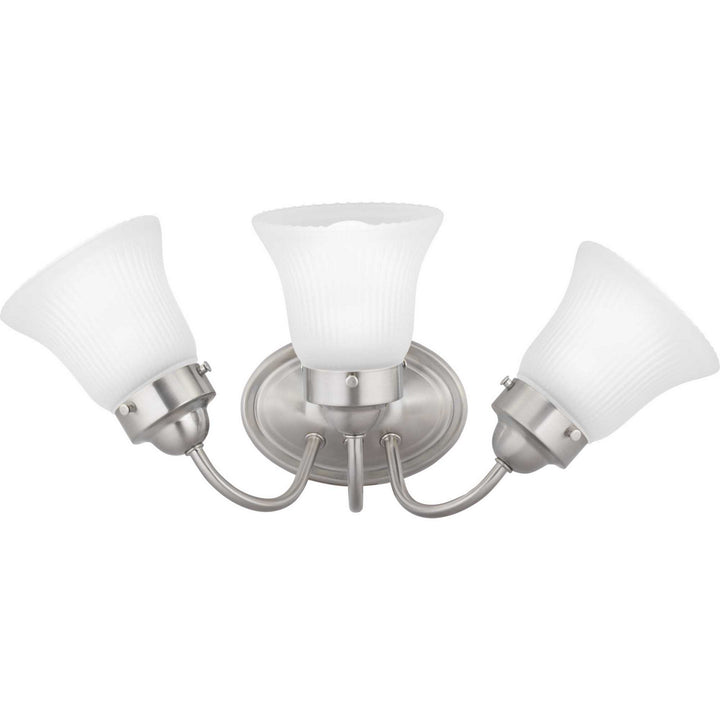 Fluted Glass-Etched Three Light Bath Bracket in Brushed Nickel - available from The Lighting Shoppe, trusted by Canadian homeowners