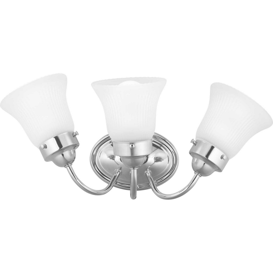 Fluted Glass-Etched Three Light Bath Bracket in Polished Chrome - available from The Lighting Shoppe, trusted by Canadian homeowners