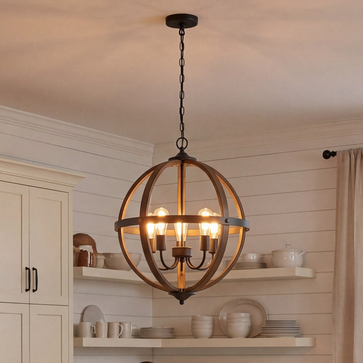 Meridian - M70041WB - Five Light Pendant - Mchan - Wood with Black