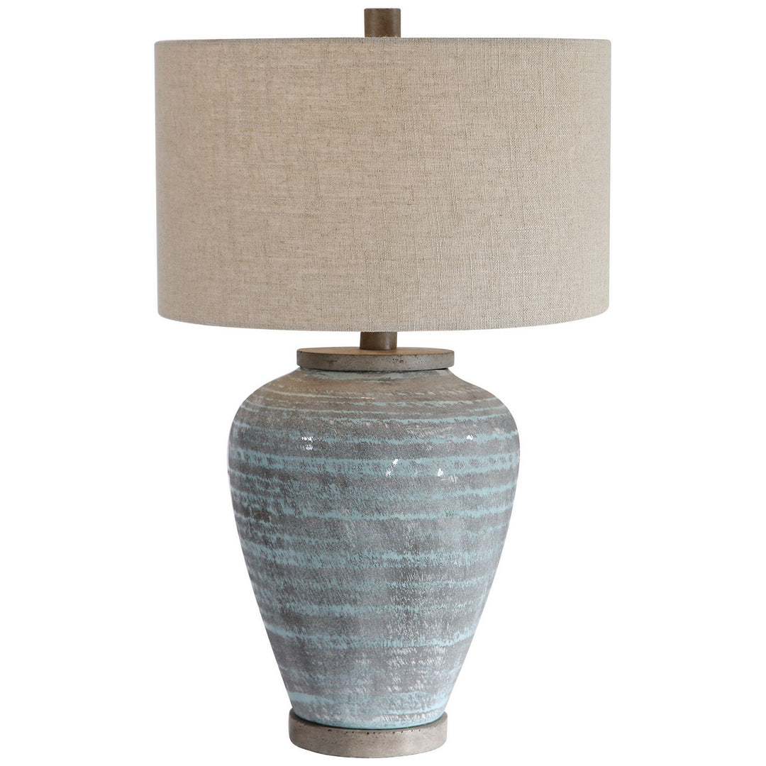 Pelia One Light Table Lamp in Aqua Blue Crackle Glaze With Light Gray Textured Pattern - available from The Lighting Shoppe, trusted by Canadian homeowners
