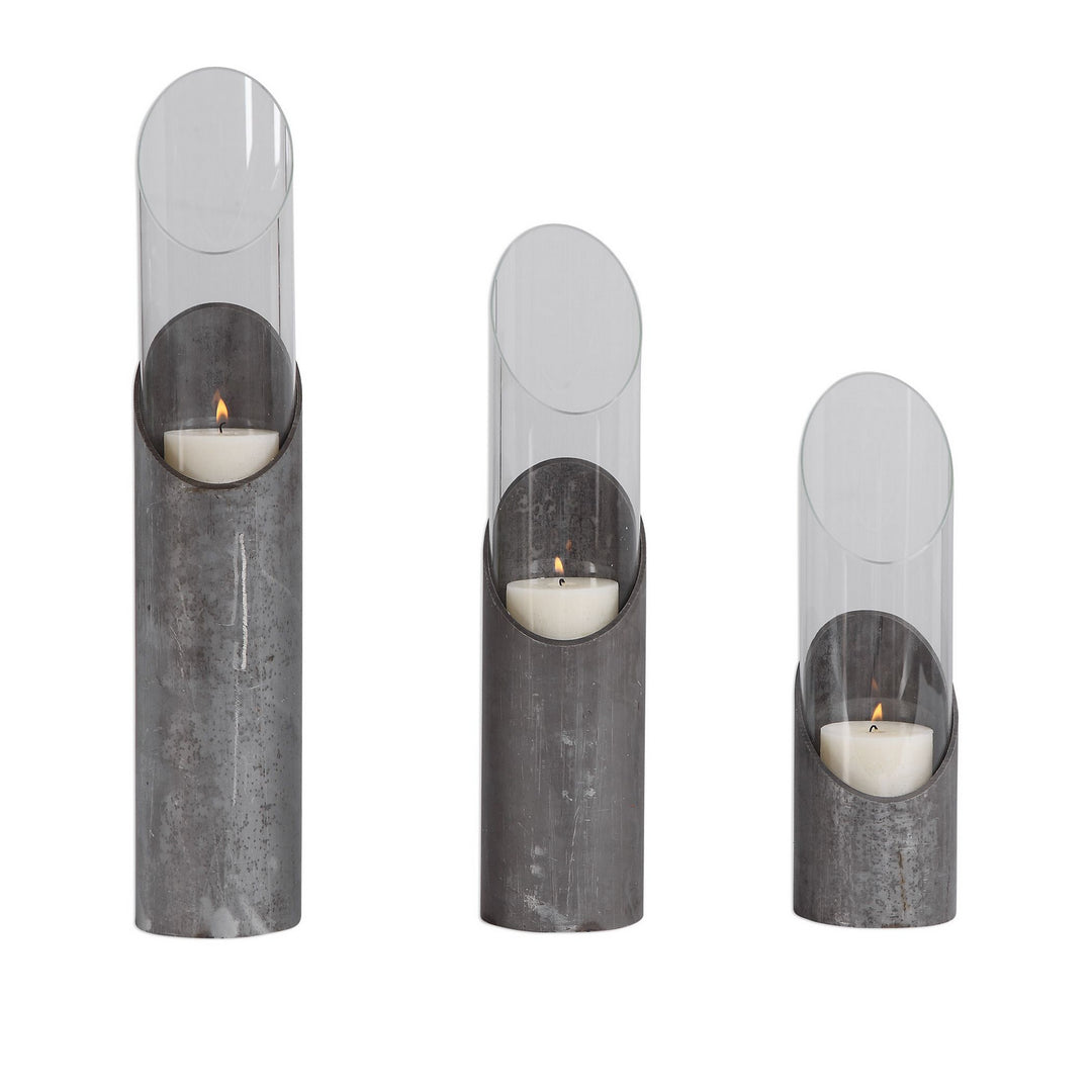 Karter Candleholders, Set/3 in Angular Design In Raw Iron And Clear Glass - available from The Lighting Shoppe, trusted by Canadian homeowners