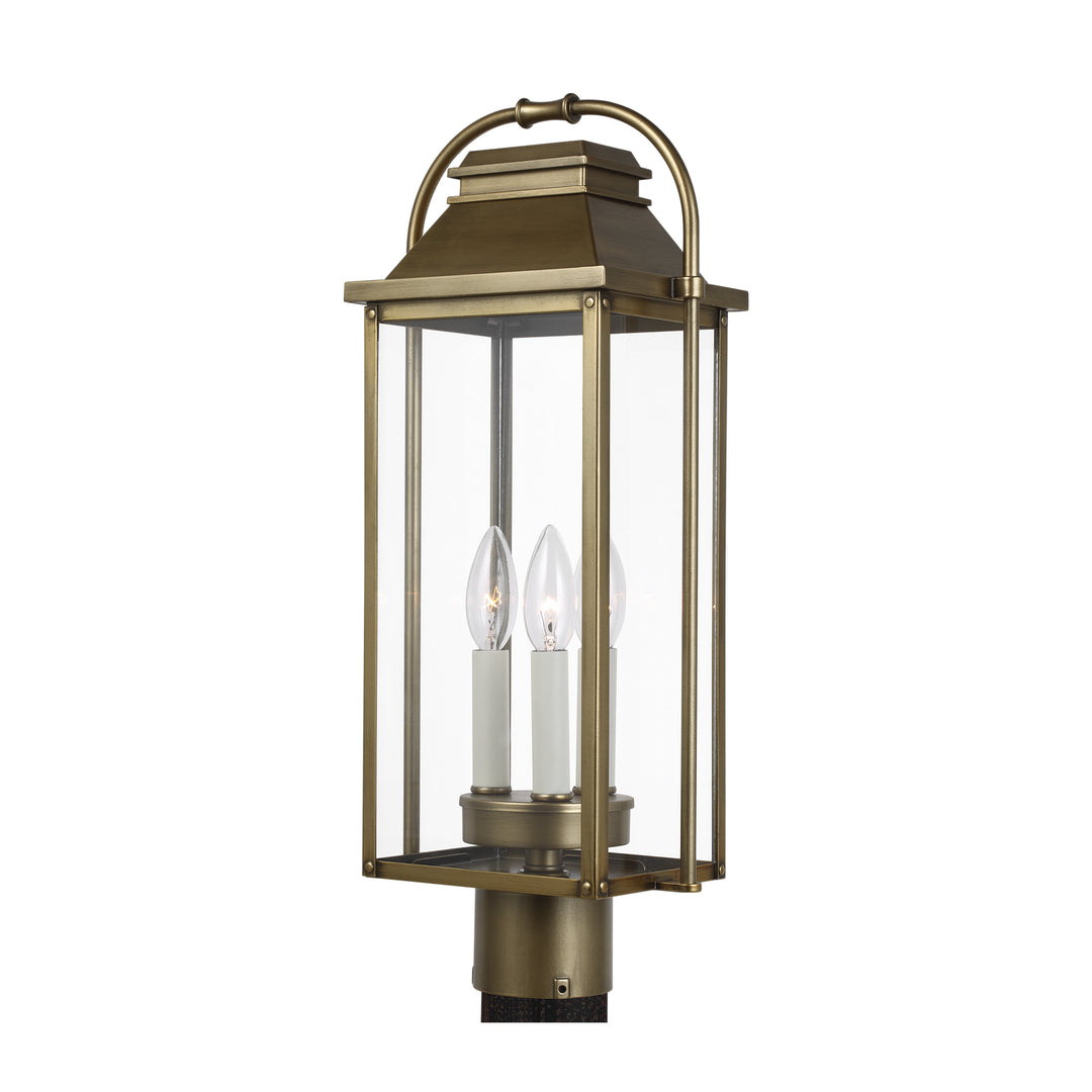 Wellsworth Three Light Post Lantern in Painted Distressed Brass - available from The Lighting Shoppe, trusted by Canadian homeowners