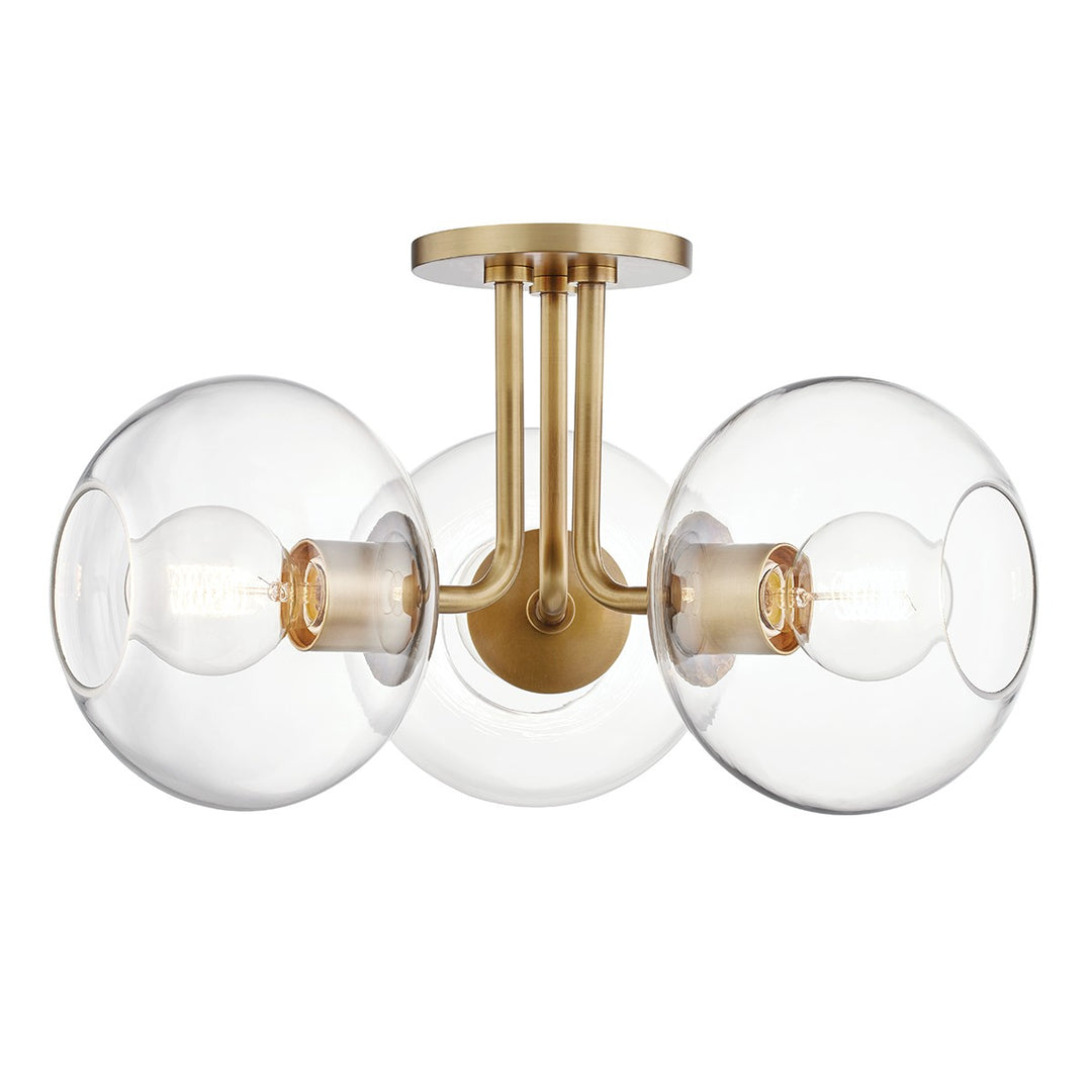 Margot Three Light Semi Flush Mount in Aged Brass - available from The Lighting Shoppe, trusted by Canadian homeowners