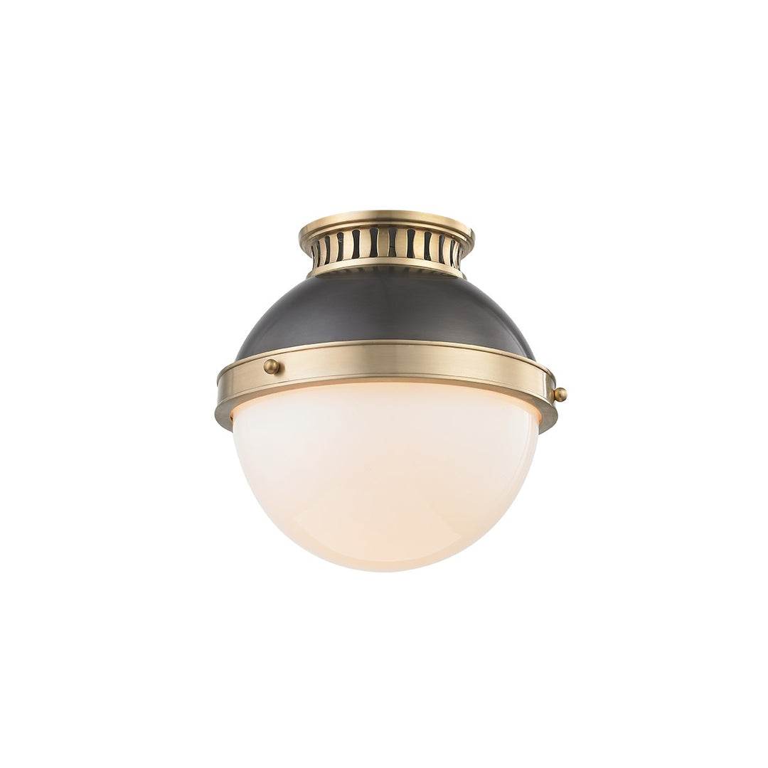 Latham One Light Flush Mount in Aged/Antique Distressed Bronze - available from The Lighting Shoppe, trusted by Canadian homeowners