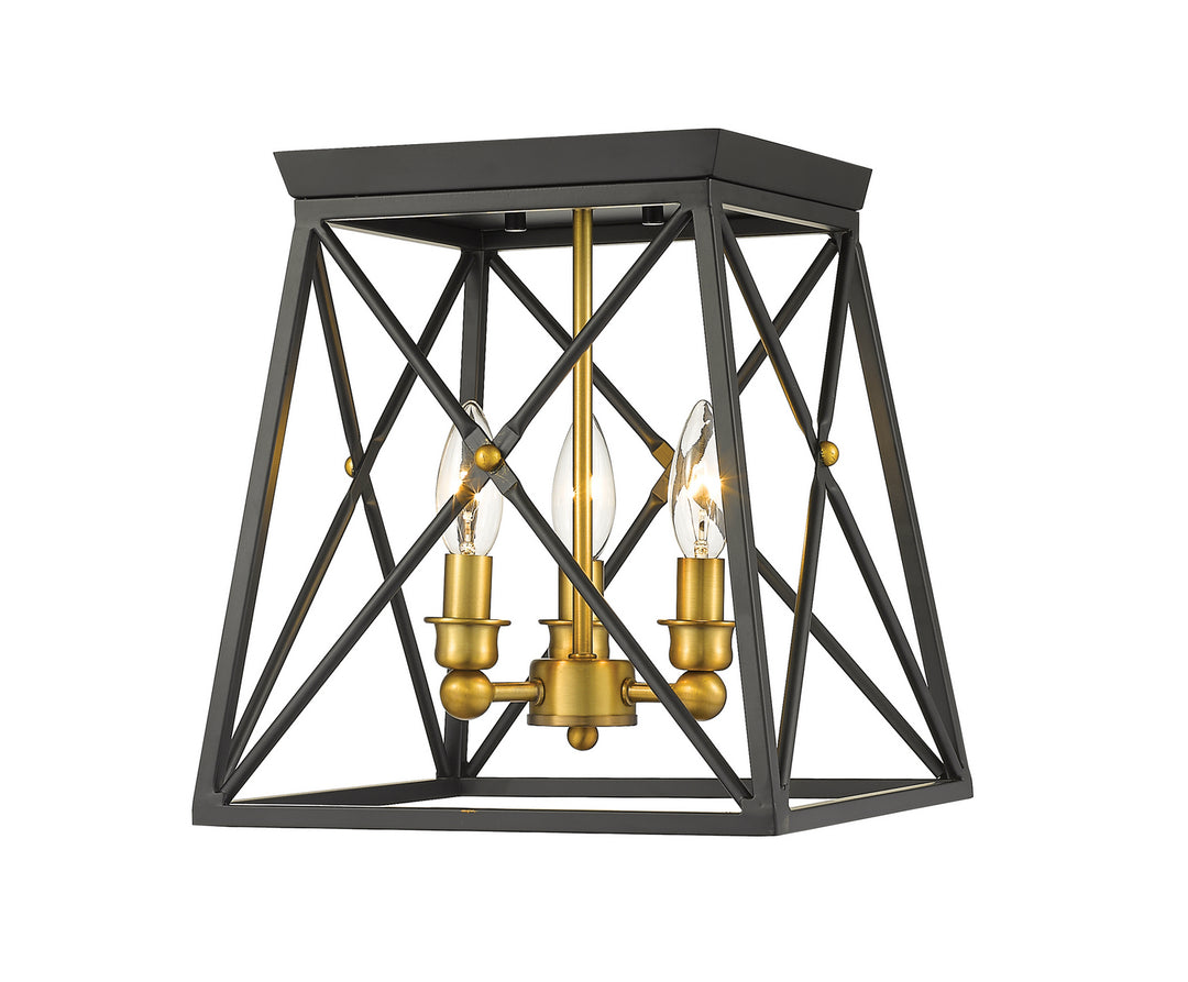 Trestle Three Light Flush Mount in Matte Black + Olde Brass - available from The Lighting Shoppe, trusted by Canadian homeowners