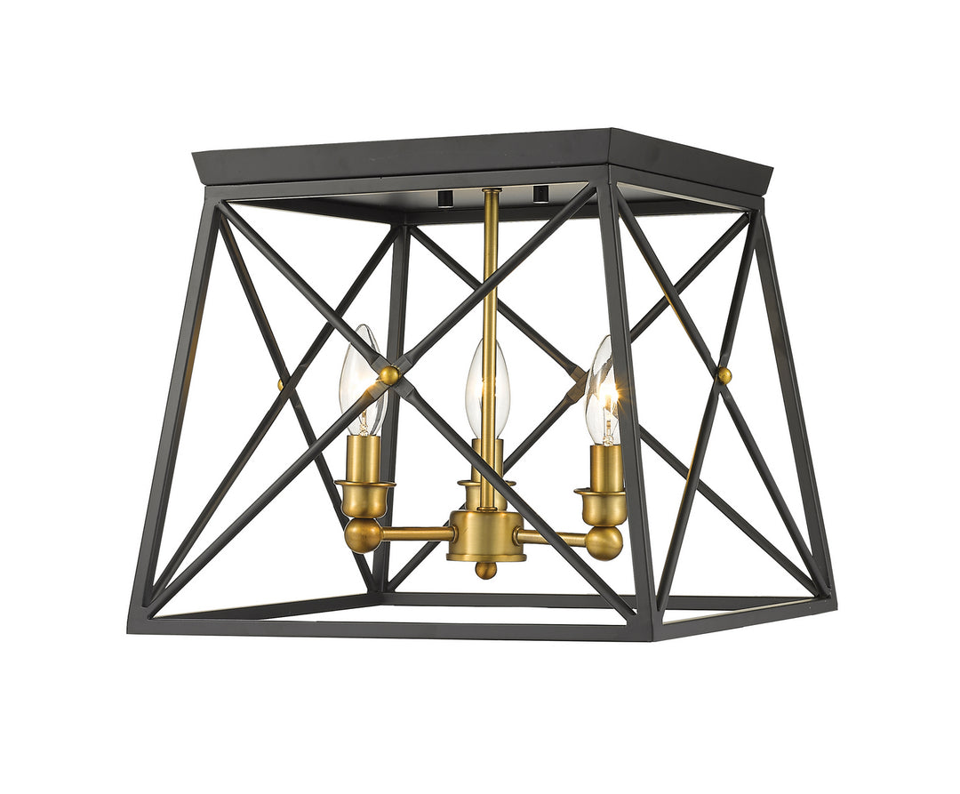 Trestle Three Light Flush Mount in Matte Black + Olde Brass - available from The Lighting Shoppe, trusted by Canadian homeowners