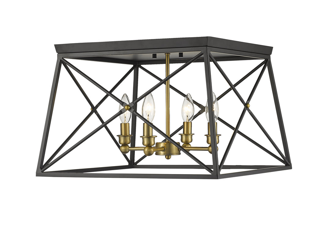 Trestle Four Light Flush Mount in Matte Black + Olde Brass - available from The Lighting Shoppe, trusted by Canadian homeowners