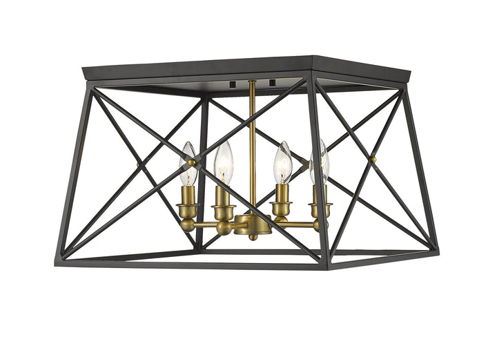 Trestle Four Light Flush Mount in Matte Black + Olde Brass - available from The Lighting Shoppe, trusted by Canadian homeowners