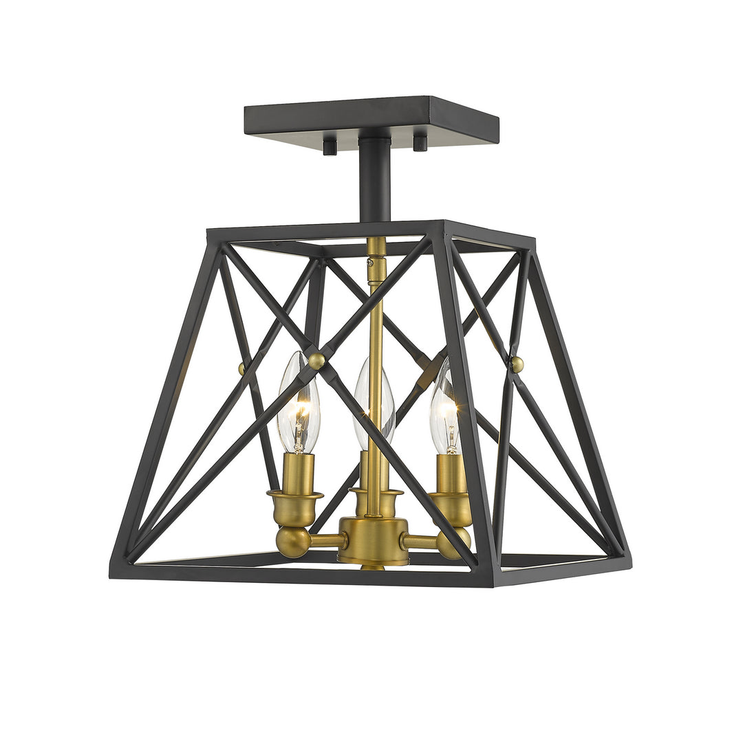 Trestle Three Light Semi Flush Mount in Matte Black + Olde Brass - available from The Lighting Shoppe, trusted by Canadian homeowners