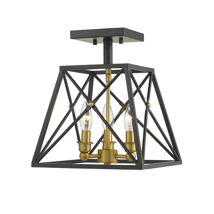 Trestle Three Light Semi Flush Mount in Matte Black + Olde Brass - available from The Lighting Shoppe, trusted by Canadian homeowners