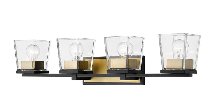 Bleeker Street Four Light Vanity in Matte Black + Olde Brass - available from The Lighting Shoppe, trusted by Canadian homeowners