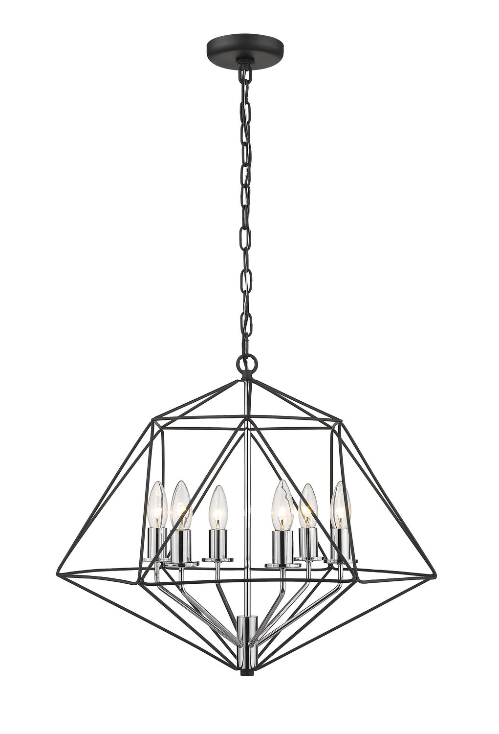Geo Six Light Chandelier in Matte Black + Chrome - available from The Lighting Shoppe, trusted by Canadian homeowners