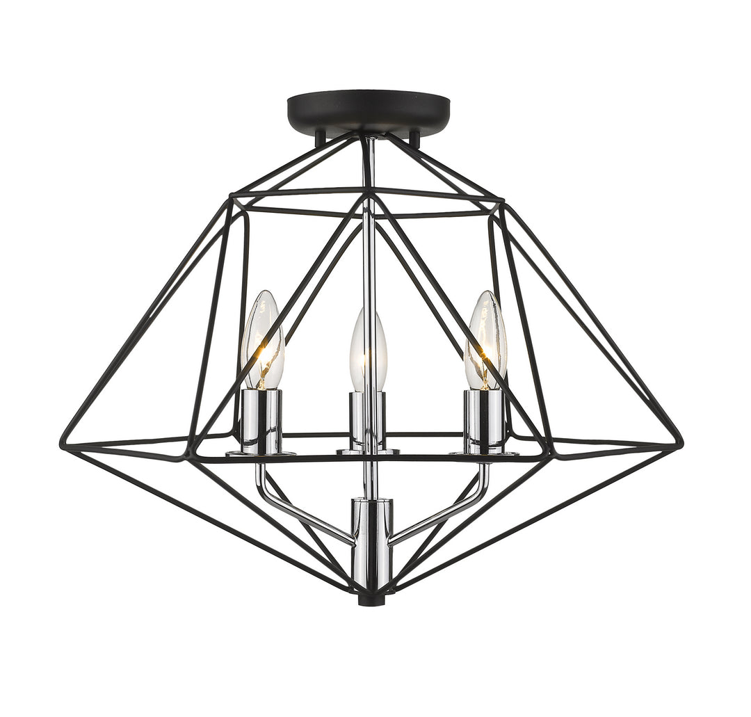 Geo Three Light Semi Flush Mount in Matte Black + Chrome - available from The Lighting Shoppe, trusted by Canadian homeowners