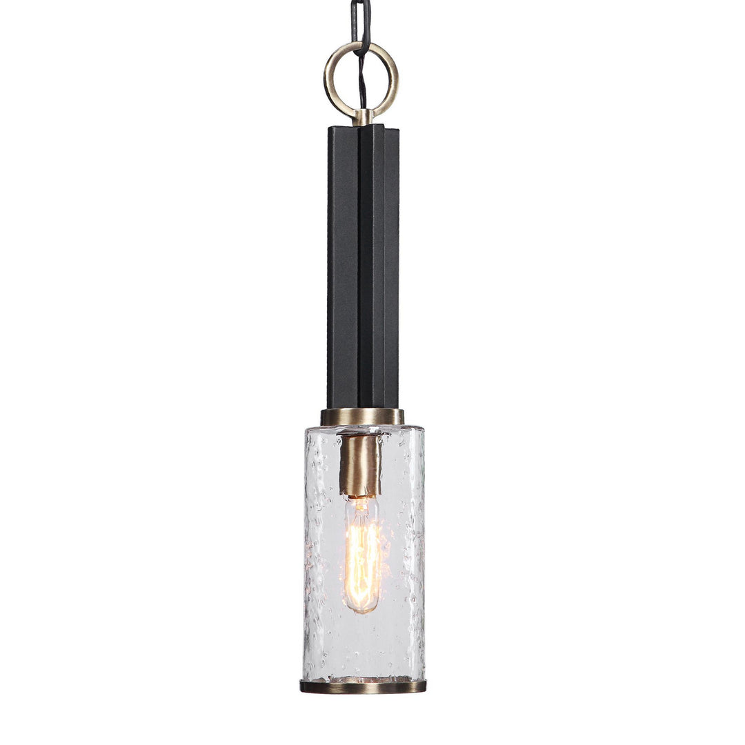 Jarsdel One Light Mini Pendant in Black & Antique Brass - available from The Lighting Shoppe, trusted by Canadian homeowners