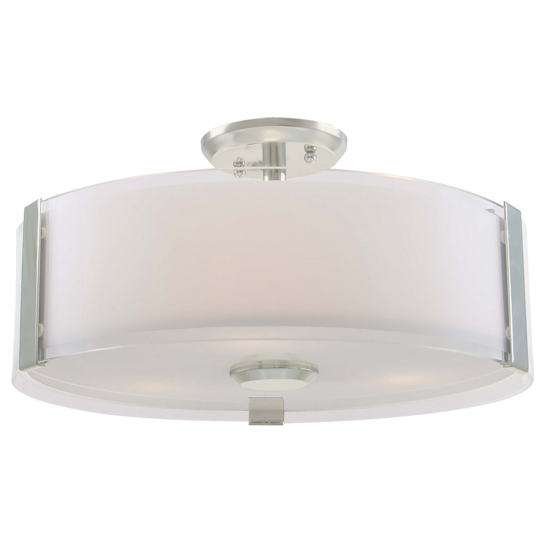 Zurich Three Light Semi-Flush Mount in Satin Nickel w/Silk Screened Opal Glass - available from The Lighting Shoppe, trusted by Canadian homeowners