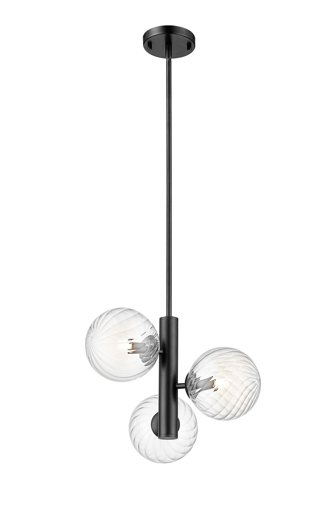 3 Light Pendant with Clear Swirl Glass in Matte Black Moderno Lighting