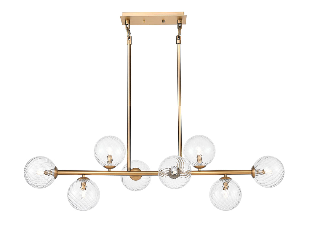 8 Light Linear Pendant with Clear Swirl Glass in Aged Brass Moderno Lighting