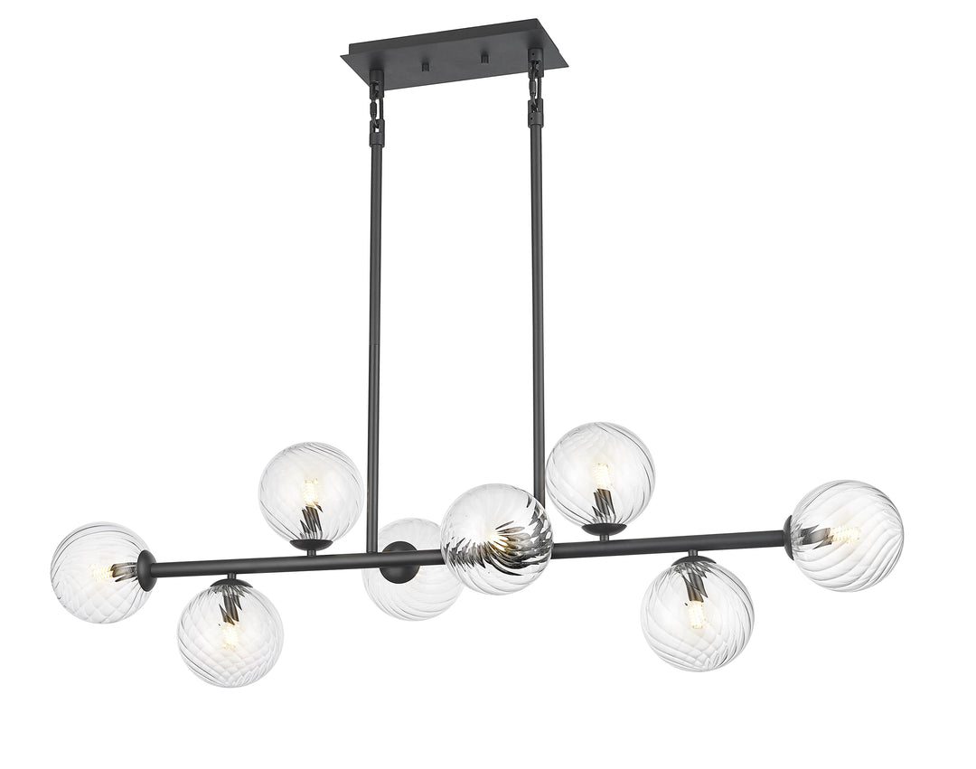 8 Light Linear Pendant with Clear Swirl Glass in Matte Black Moderno Lighting