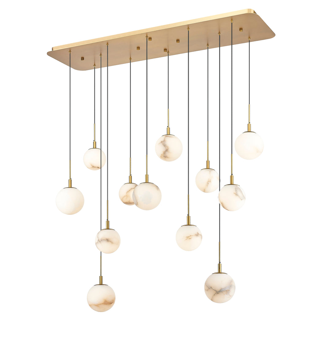12 Light LED Linear Pendant with Alabaster Stone in Aged Brass Moderno Lighting