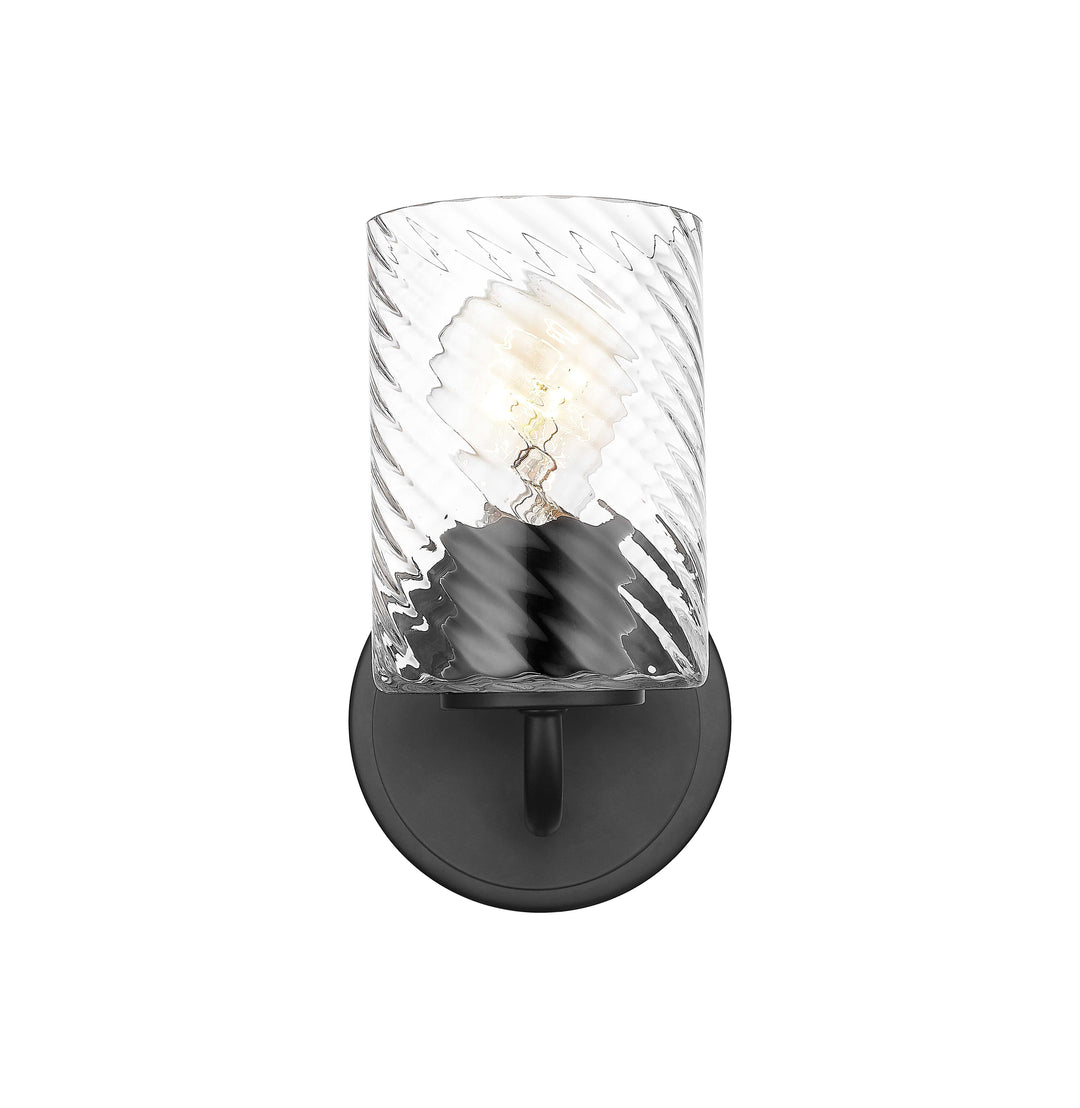1 Light Wall Sconce with Swirl Clear Glass in Matte Black Moderno Lighting