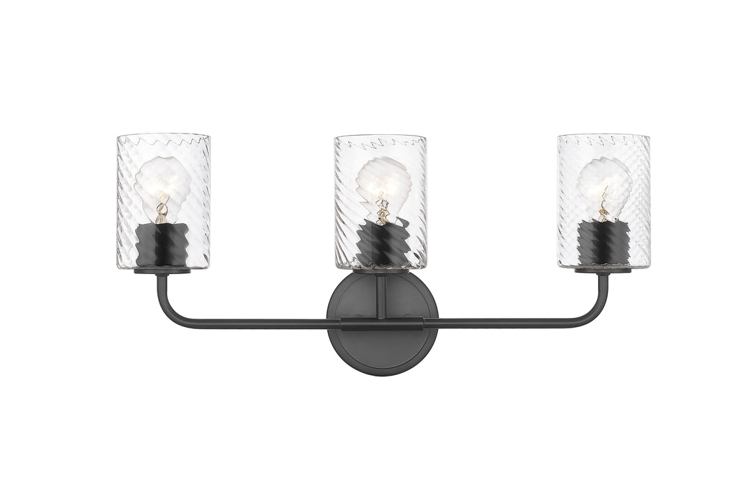 3 Light Vanity with Swirl Clear Glass in Matte Black Moderno Lighting