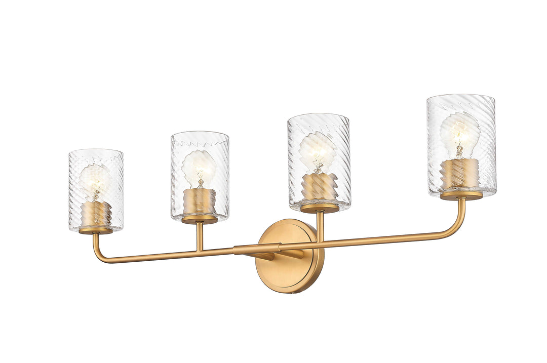 4 Light Vanity with Swirl Clear Glass in Aged Brass Moderno Lighting