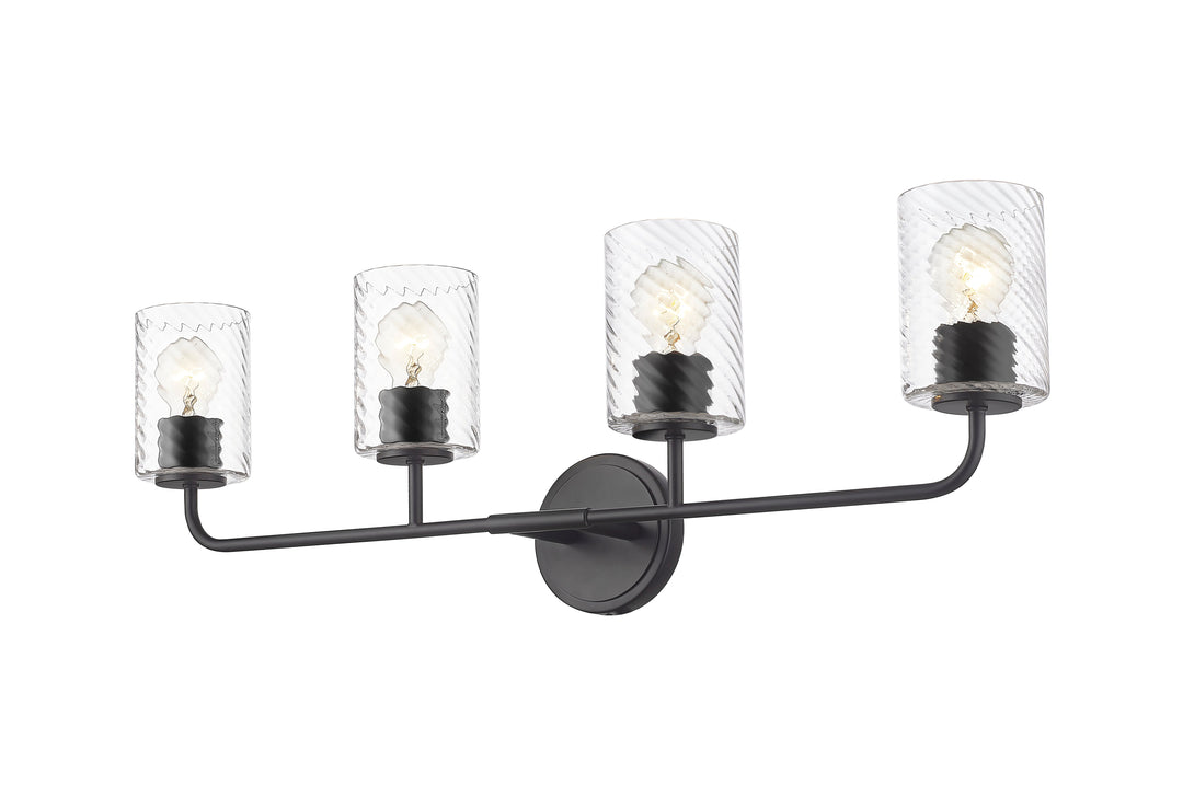 4 Light Vanity with Swirl Clear Glass in Matte Black Moderno Lighting