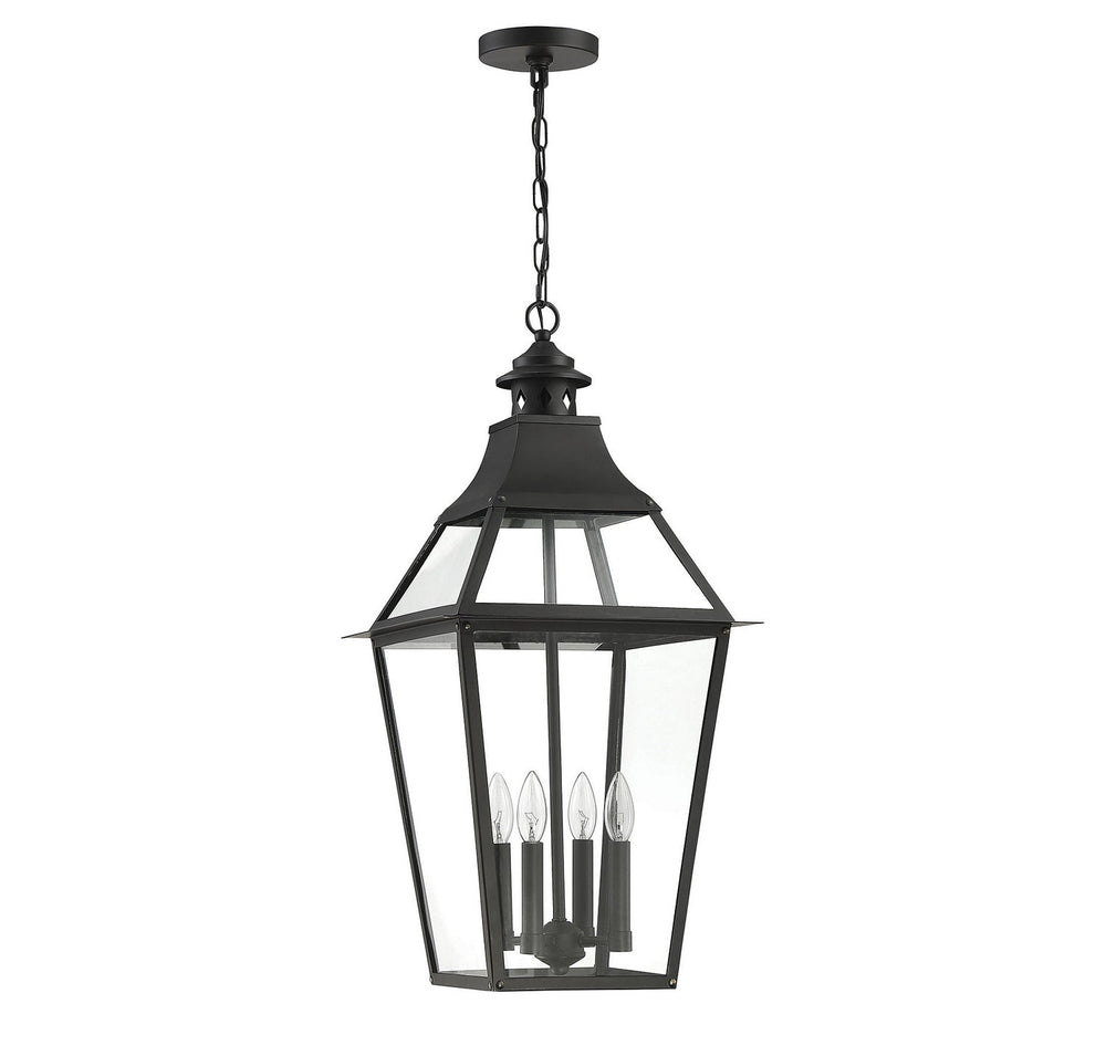 Jackson Four Light Outdoor Pendant in Black with Gold Highlights Savoy House
